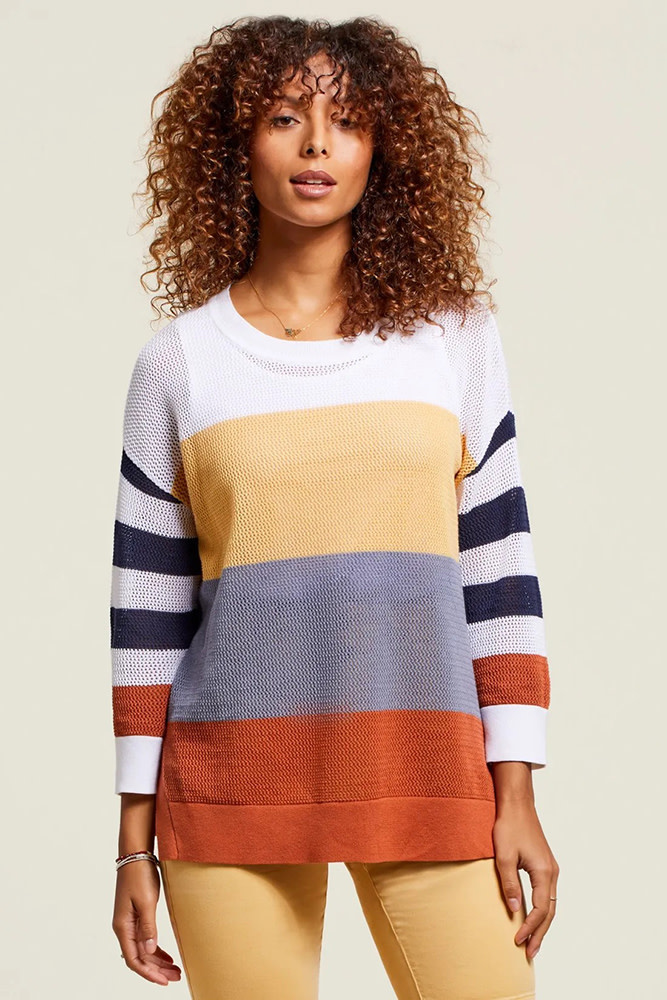 3/4 Sleeve Stripe Cotton Sweater