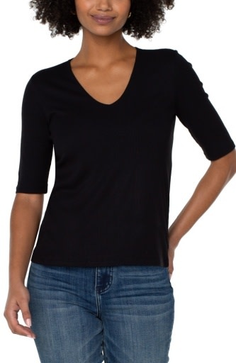 Double Layer V-Neck 1/2 Sleeve Rib Knit Top