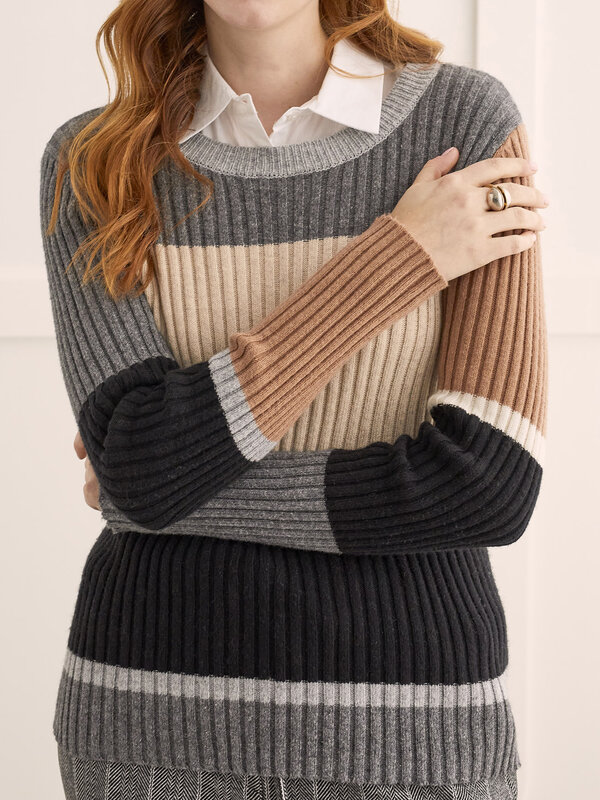 Tribal Long Sleeve Crew Neck Ribbed Colorblock Sweater