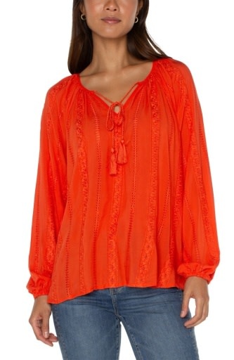 Embroidered Shirred Blouse W/ Neck Ties