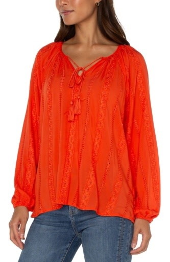 Embroidered Shirred Blouse W/ Neck Ties