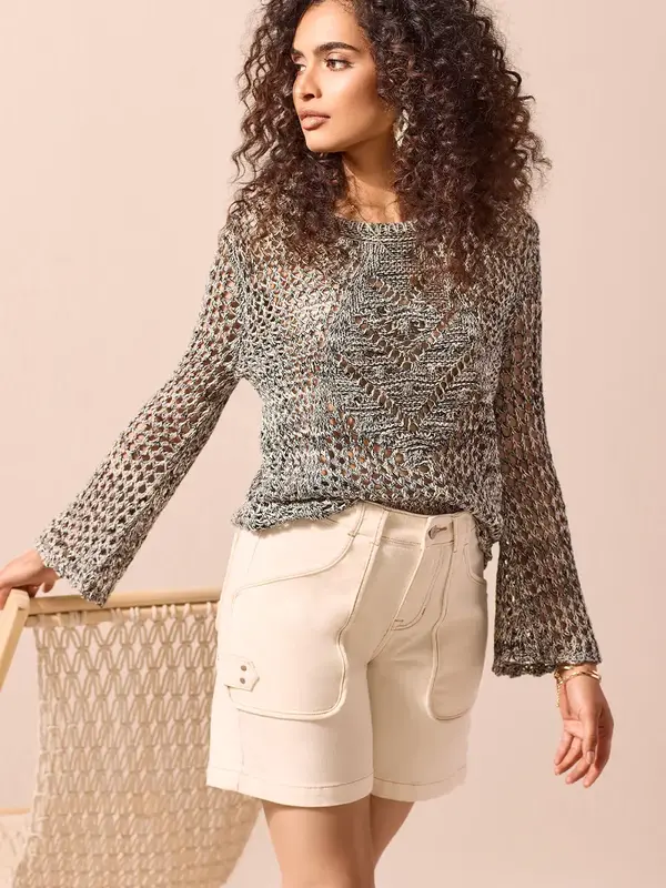 Tribal Bell Sleeve Wide Crew Neck Sweater