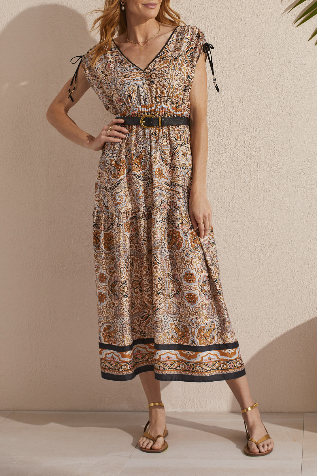 Border Print Maxi Dress With Shoulder Tie