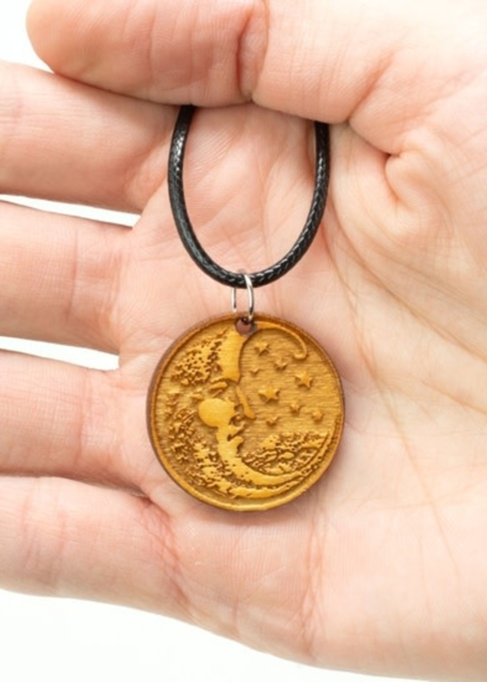 Woodcut Moon Necklace on Cord