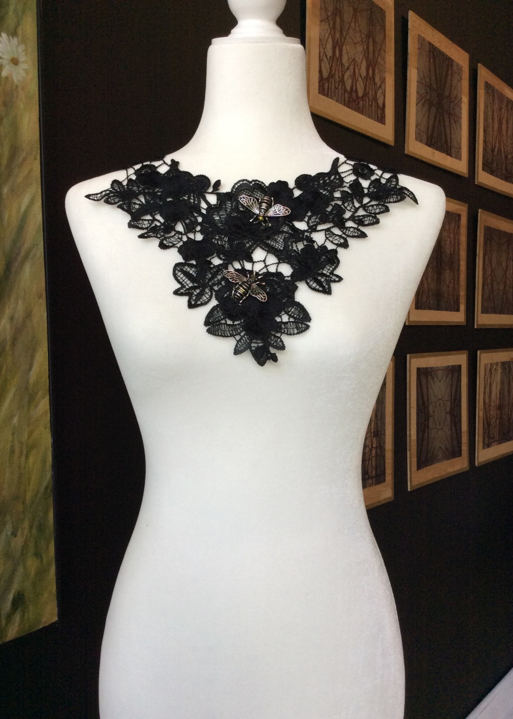 Yellow Bee Black Flower Black Lace Necklace
