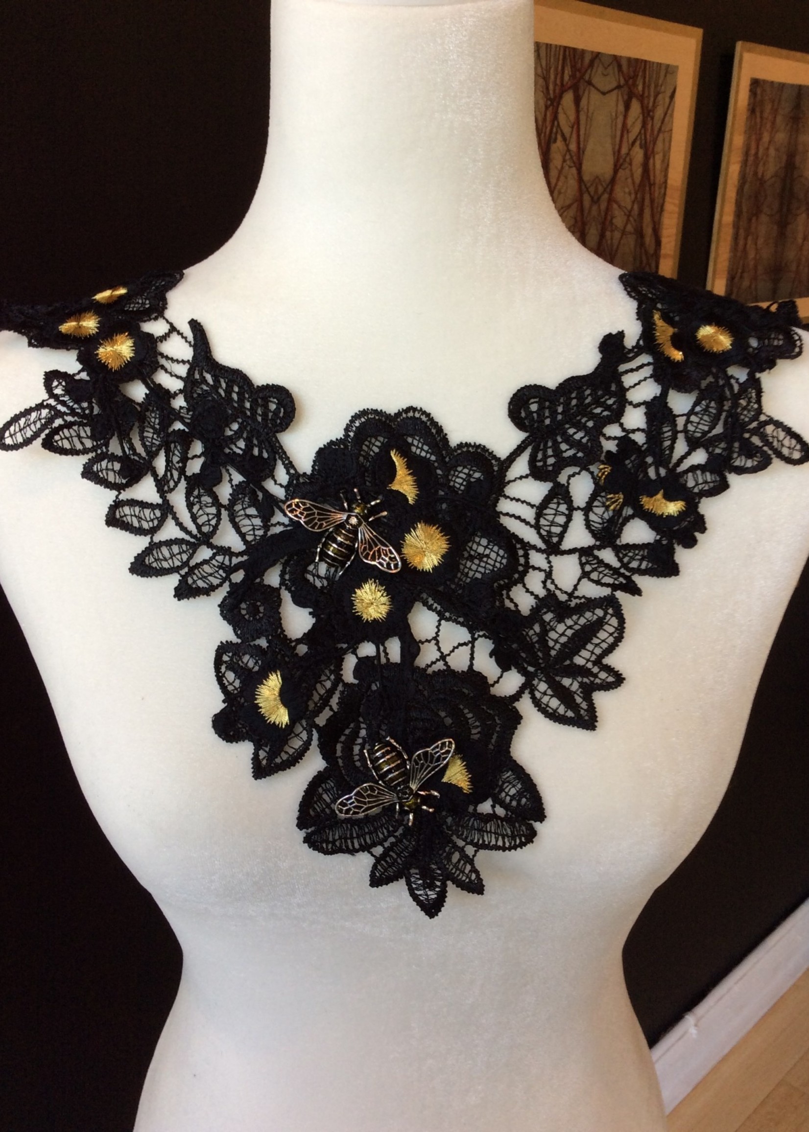 Yellow Bee Yellow Flower Black Lace Necklace