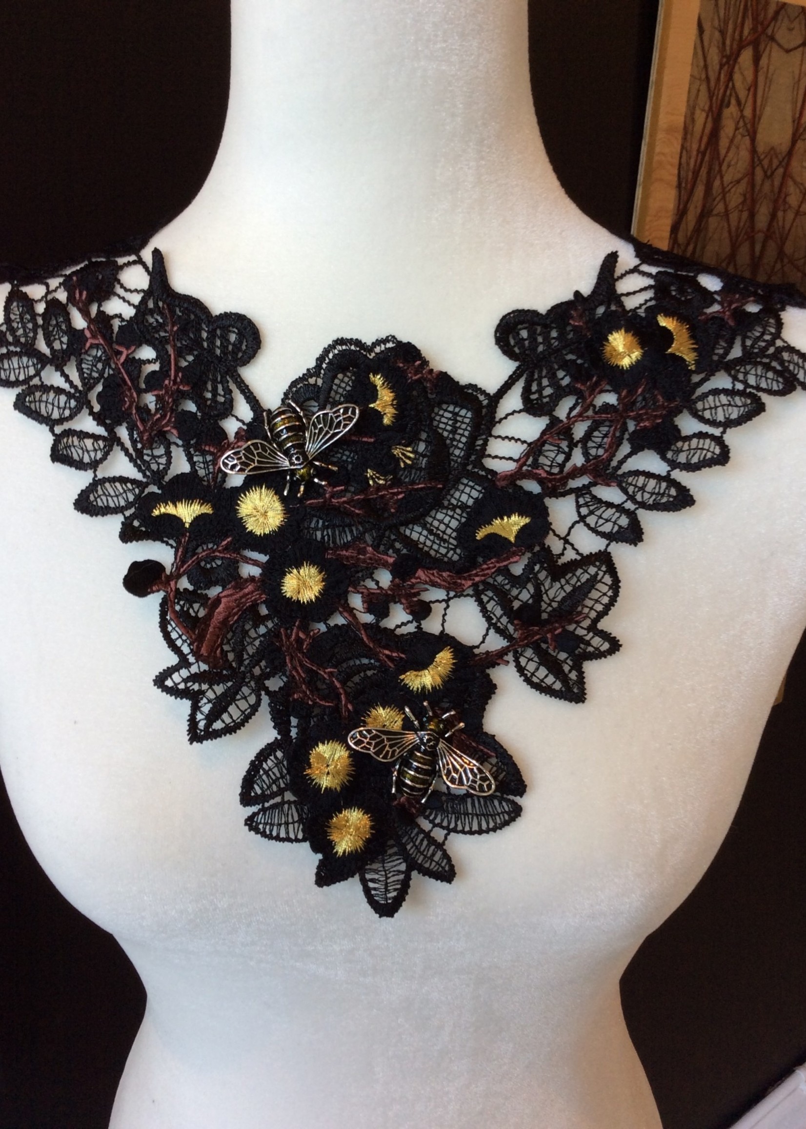 Weapon Of Choice NOLA Yellow Bee Yellow Flower with Branch Accents Black Lace Necklace