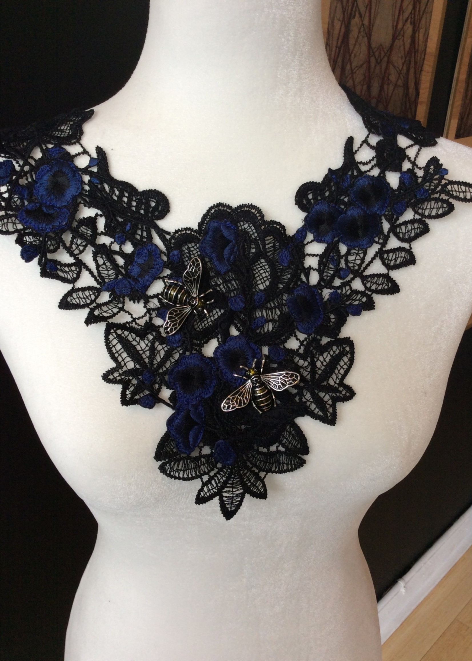 Weapon Of Choice NOLA Yellow Bee Blue Flower Black Lace Necklace