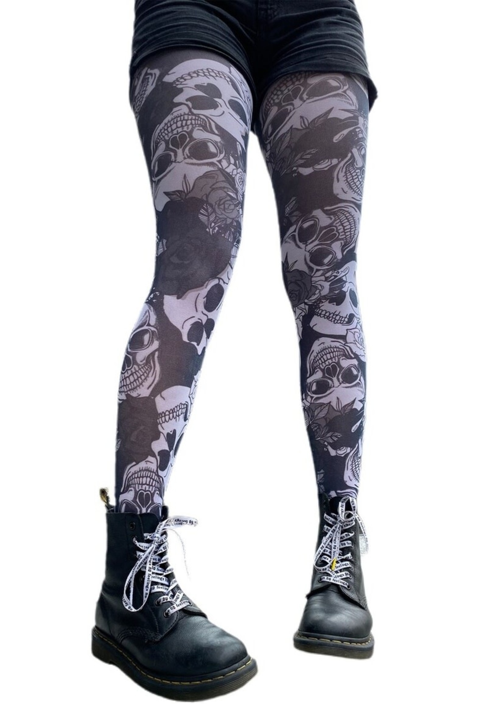 Malka Chic Skulls and Roses Tights - Black