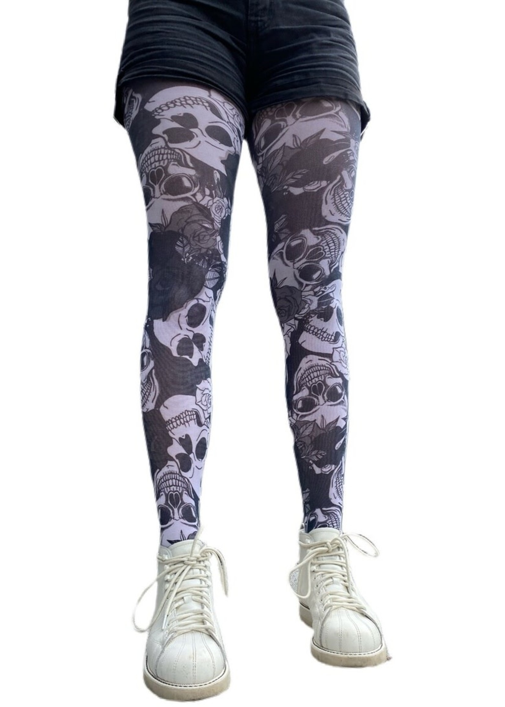 Malka Chic Skulls and Roses Tights - Black