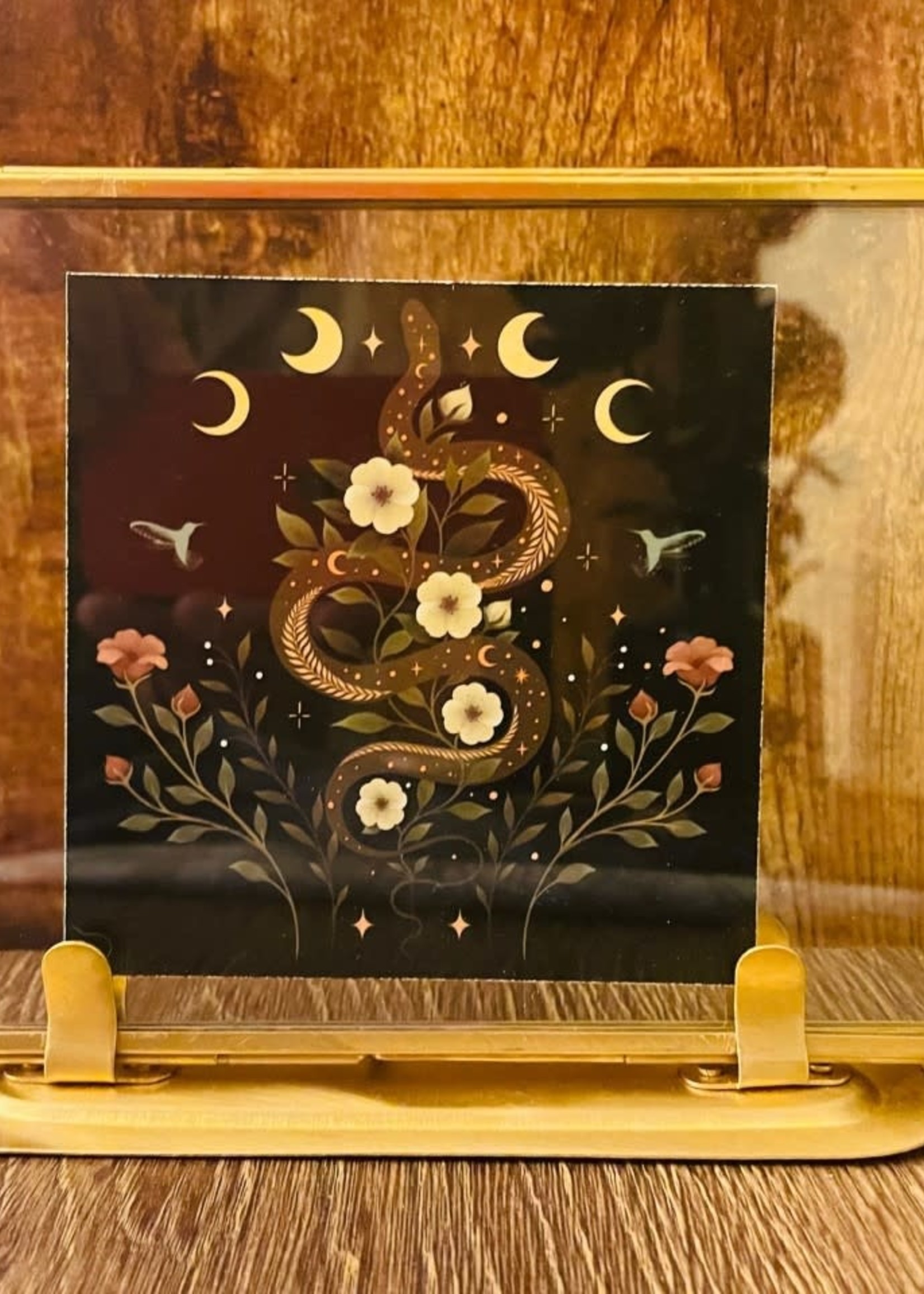 Modern Druid Snake & Moons Giclée Print in Golden Folding Frame