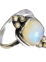 Saraswati Imports Rainbow Moonstone & Pearl Sterling Ring 8