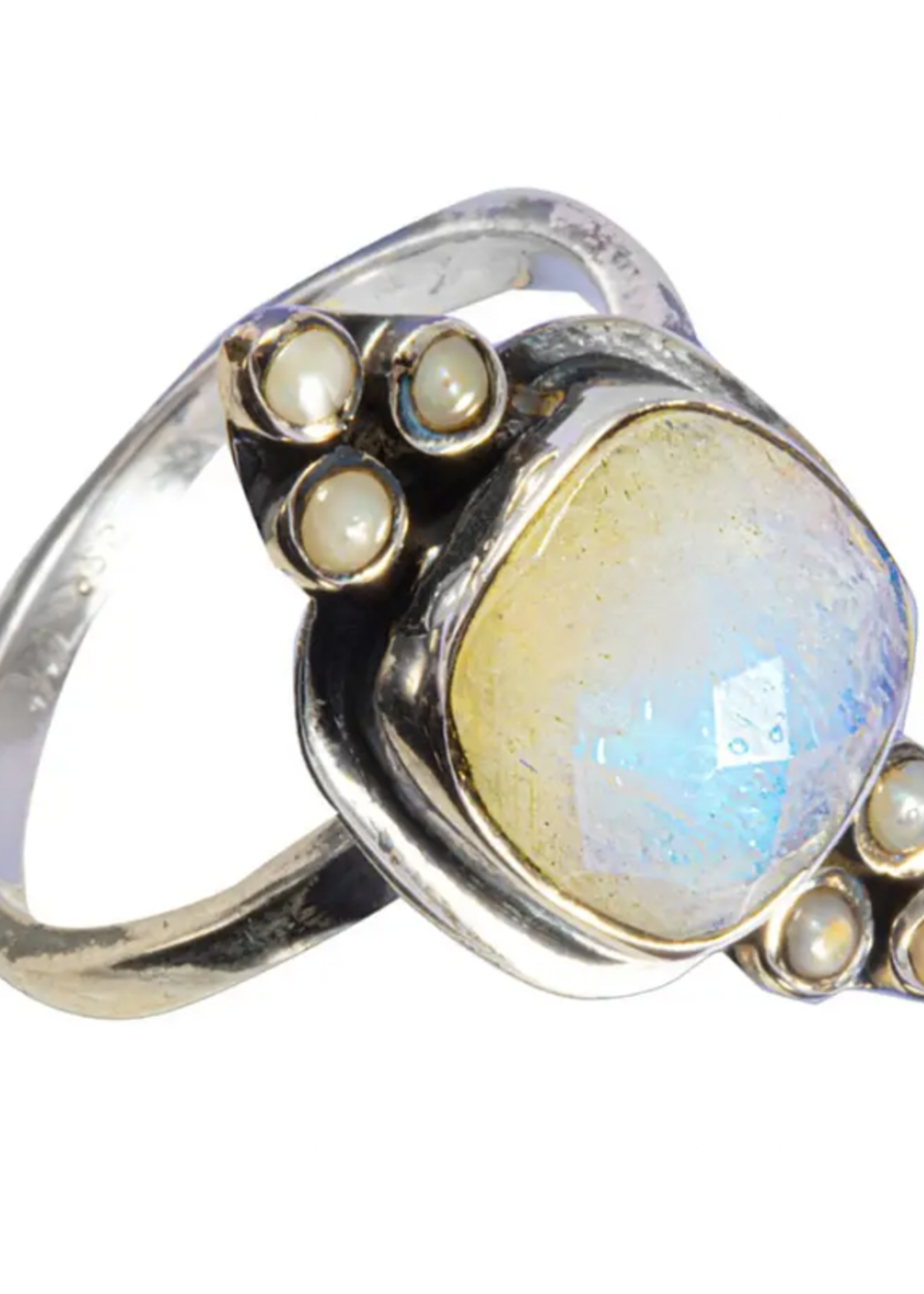 Saraswati Imports Rainbow Moonstone & Pearl Sterling Ring 8