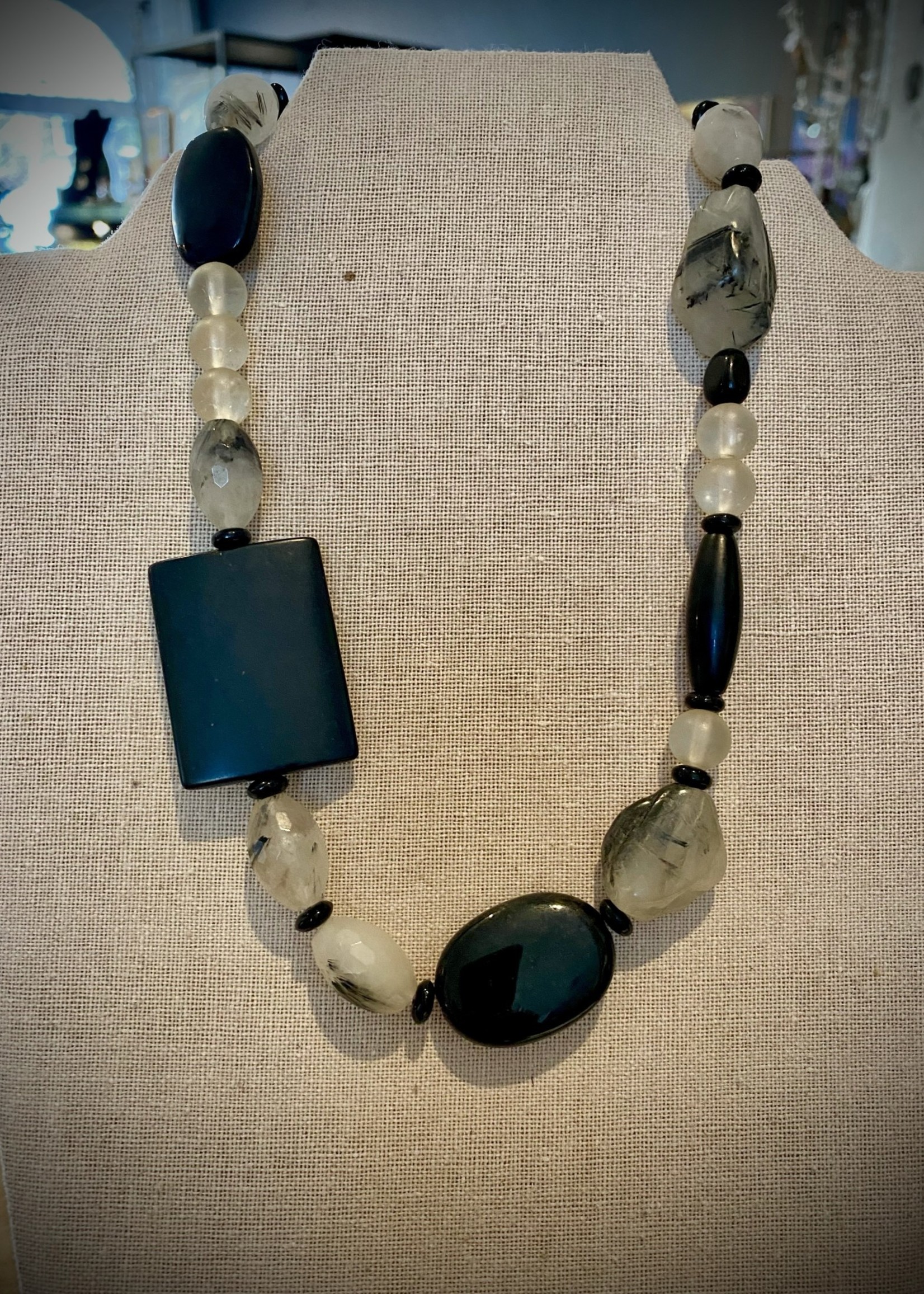 Patsy Tourmalinated Quartz, Black Agate and Quartz Necklace
