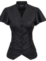 Scarlett Darkness Victorian Punk Short Sleeve Stand Collar V-Neck Pleated Shirt - L