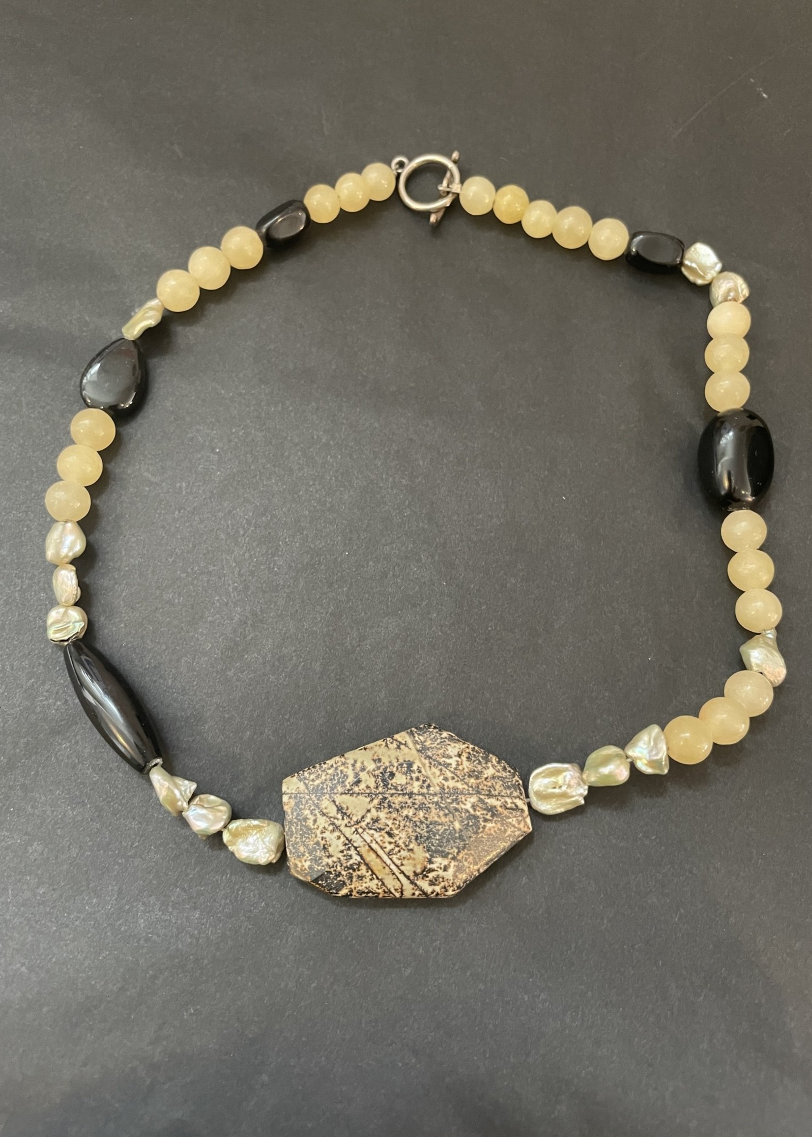 Dendritic Agate, Aragonite, Black Agate, and Fresh Water Pearl Necklace