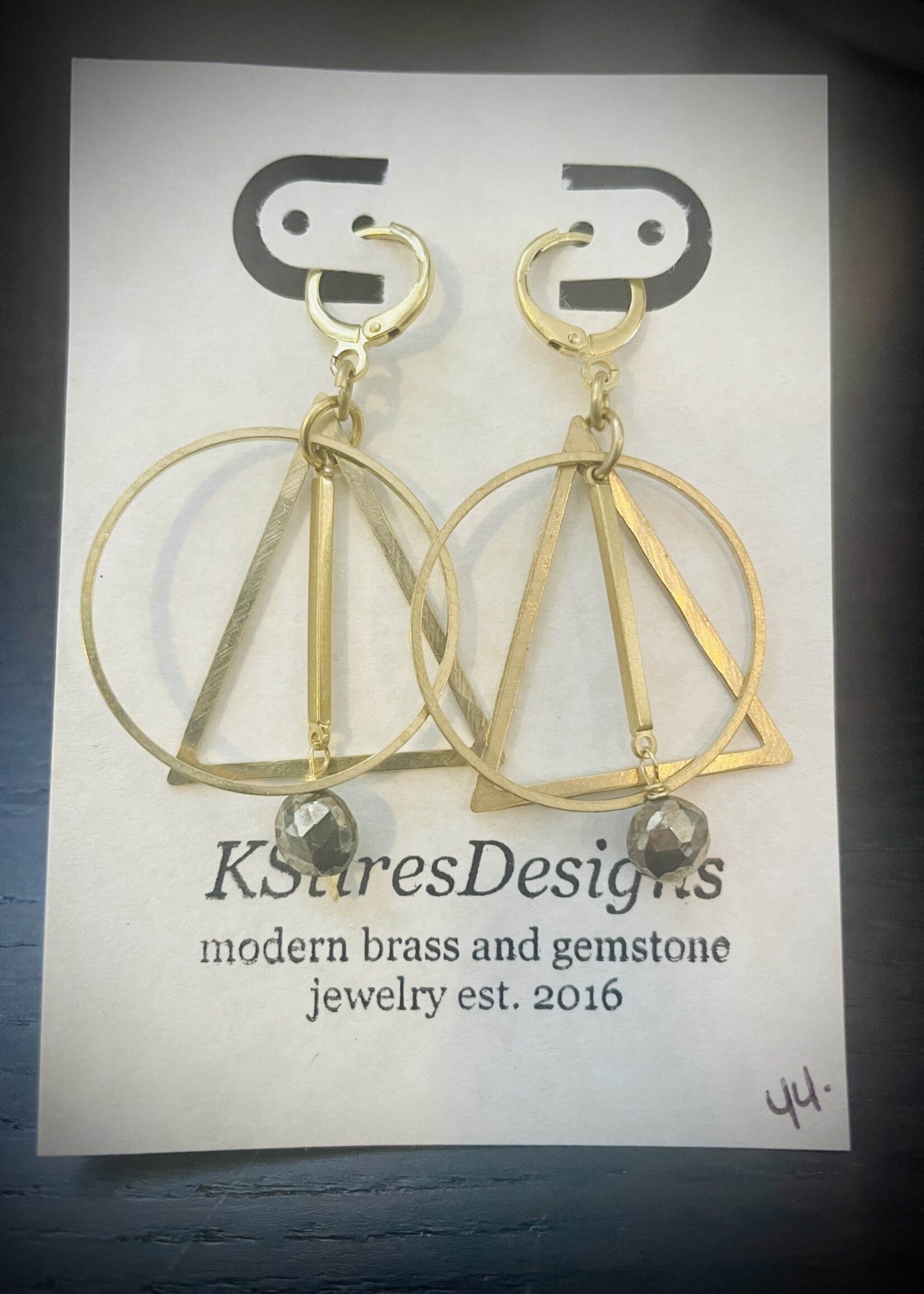 KStires Designs Triangle Brass Earrings with Pyrite