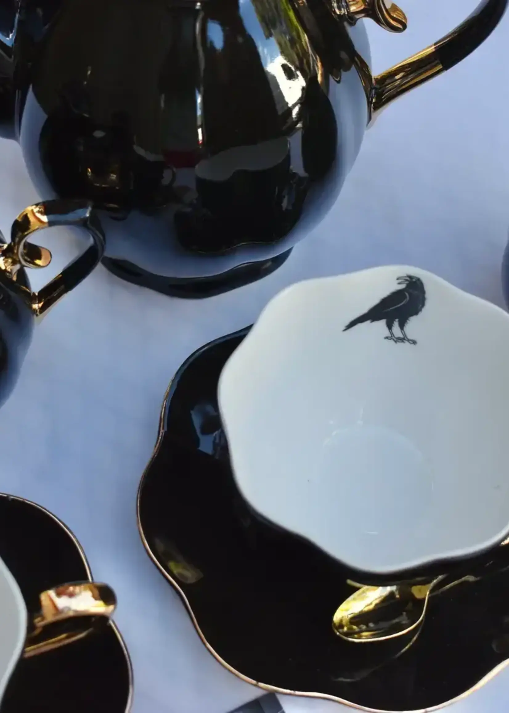 All Cute Little Things Gothic Wicca Black and Gold Crow Raven Teacup and Saucer