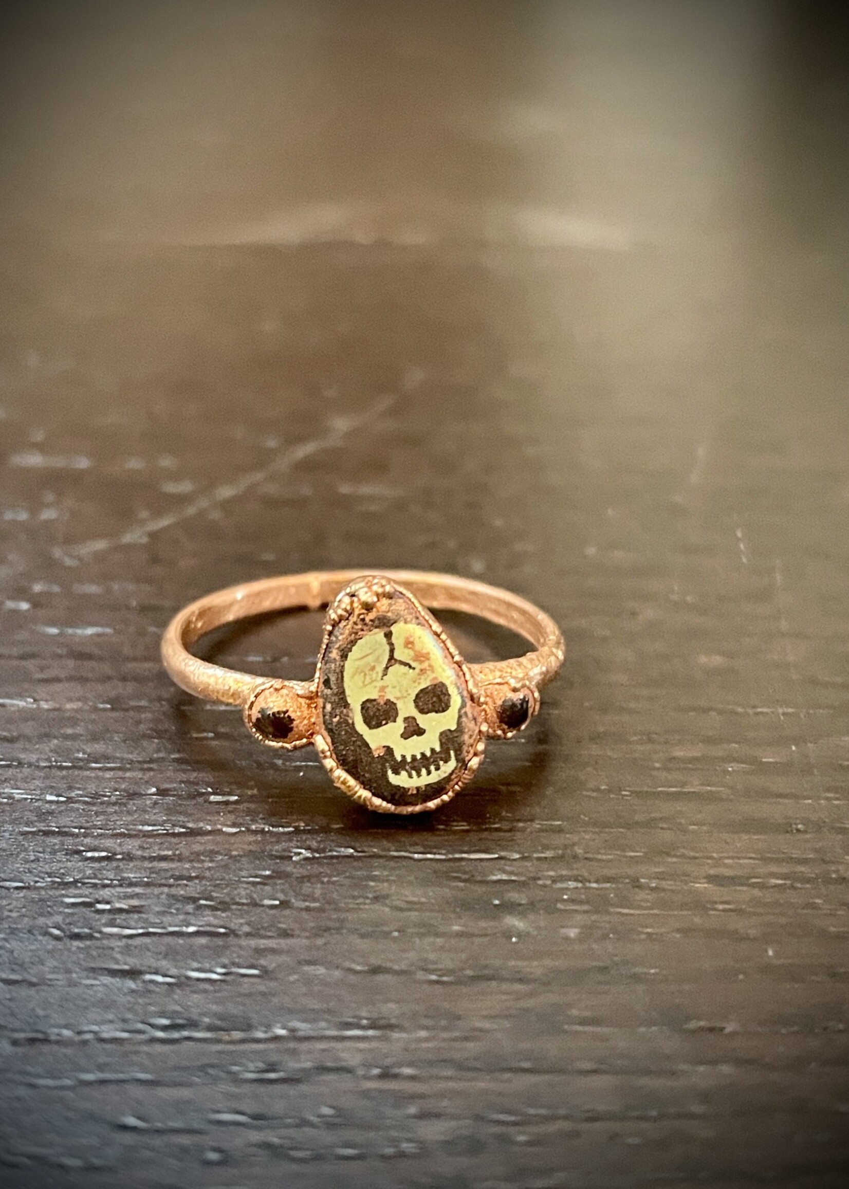 Gail Scherer Skull Copper Ring with Garnet Sz 7