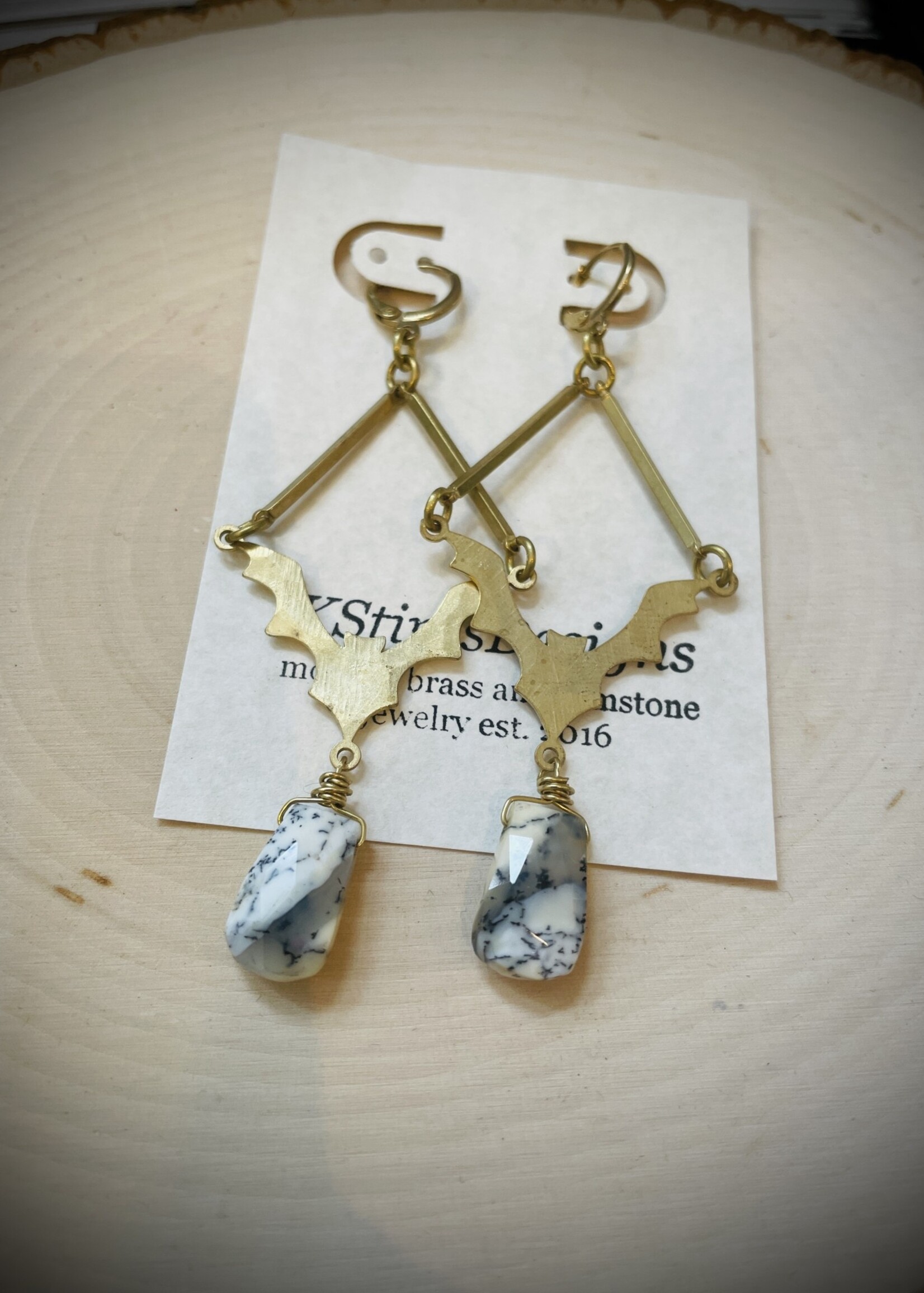 KStires Designs Brass Dendritic Opal Bat Earrings