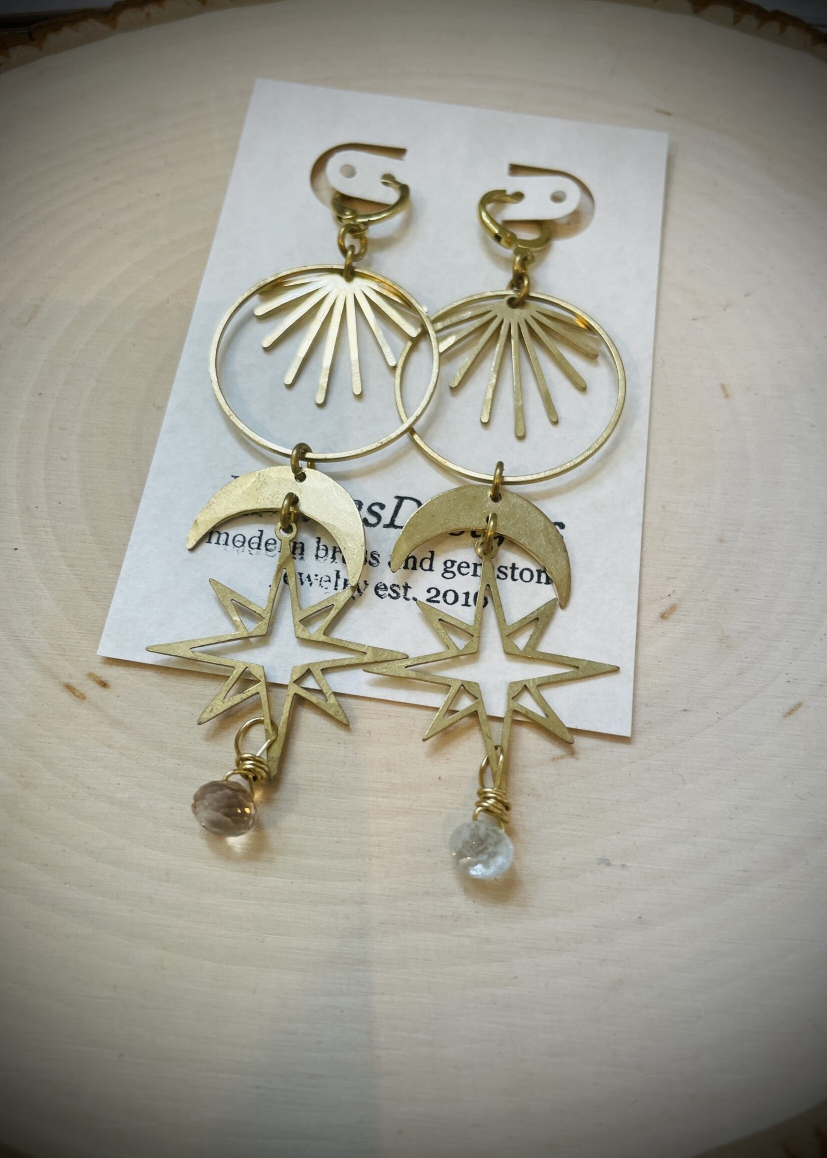 KStires Designs Brass Quartz Star and Moon Earrings