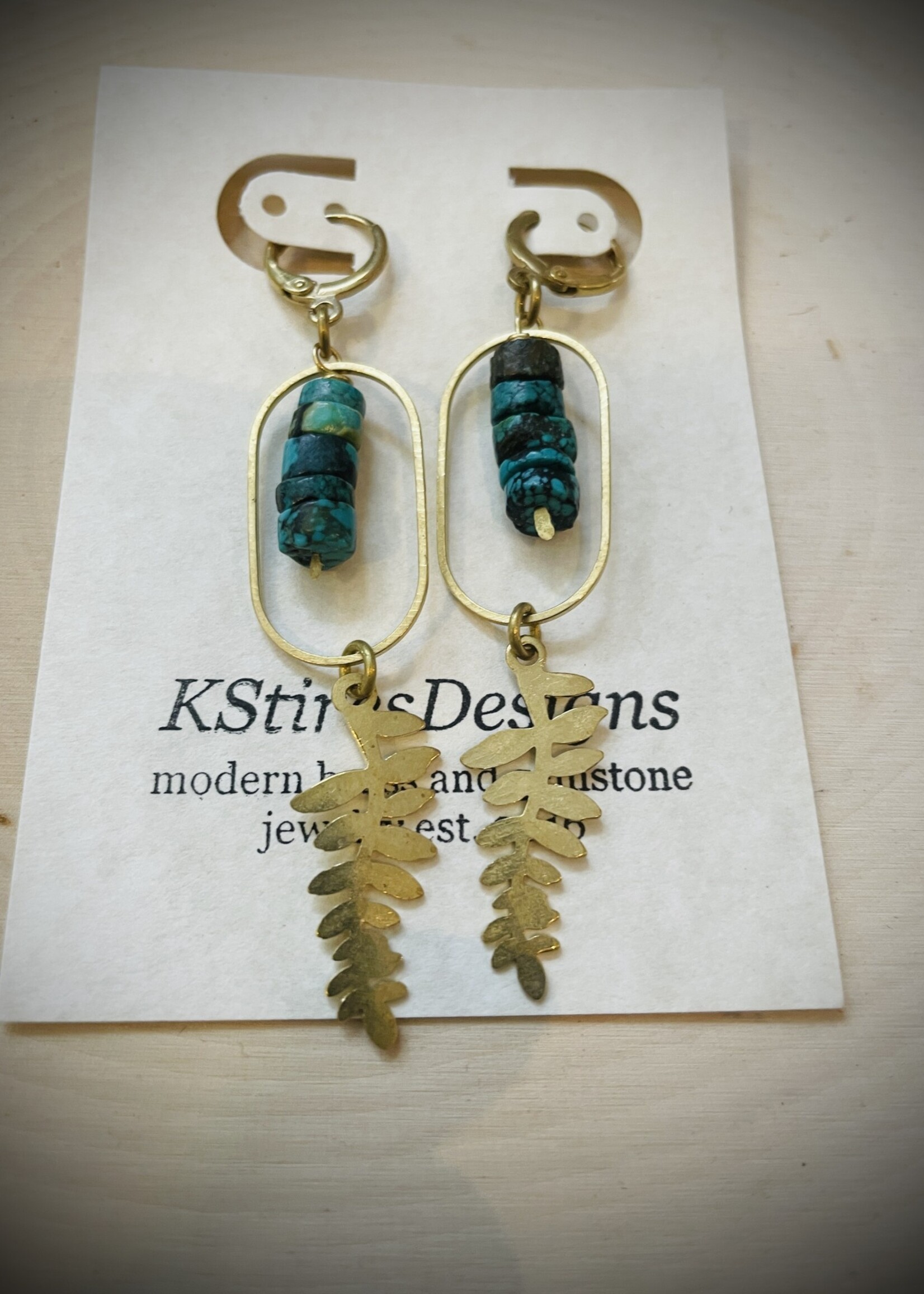 KStires Designs Brass Turquoise Leaf Earrings
