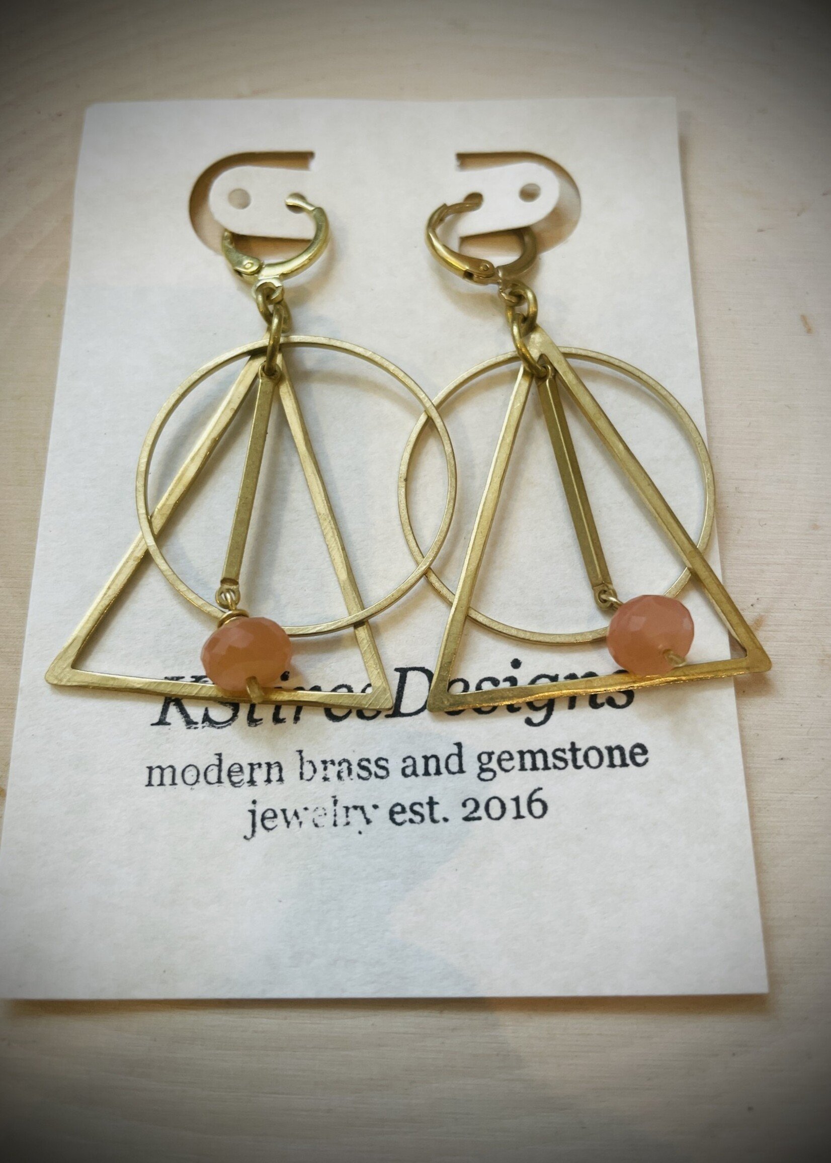 KStires Designs Brass Peach Moonstone Triangle Earrings