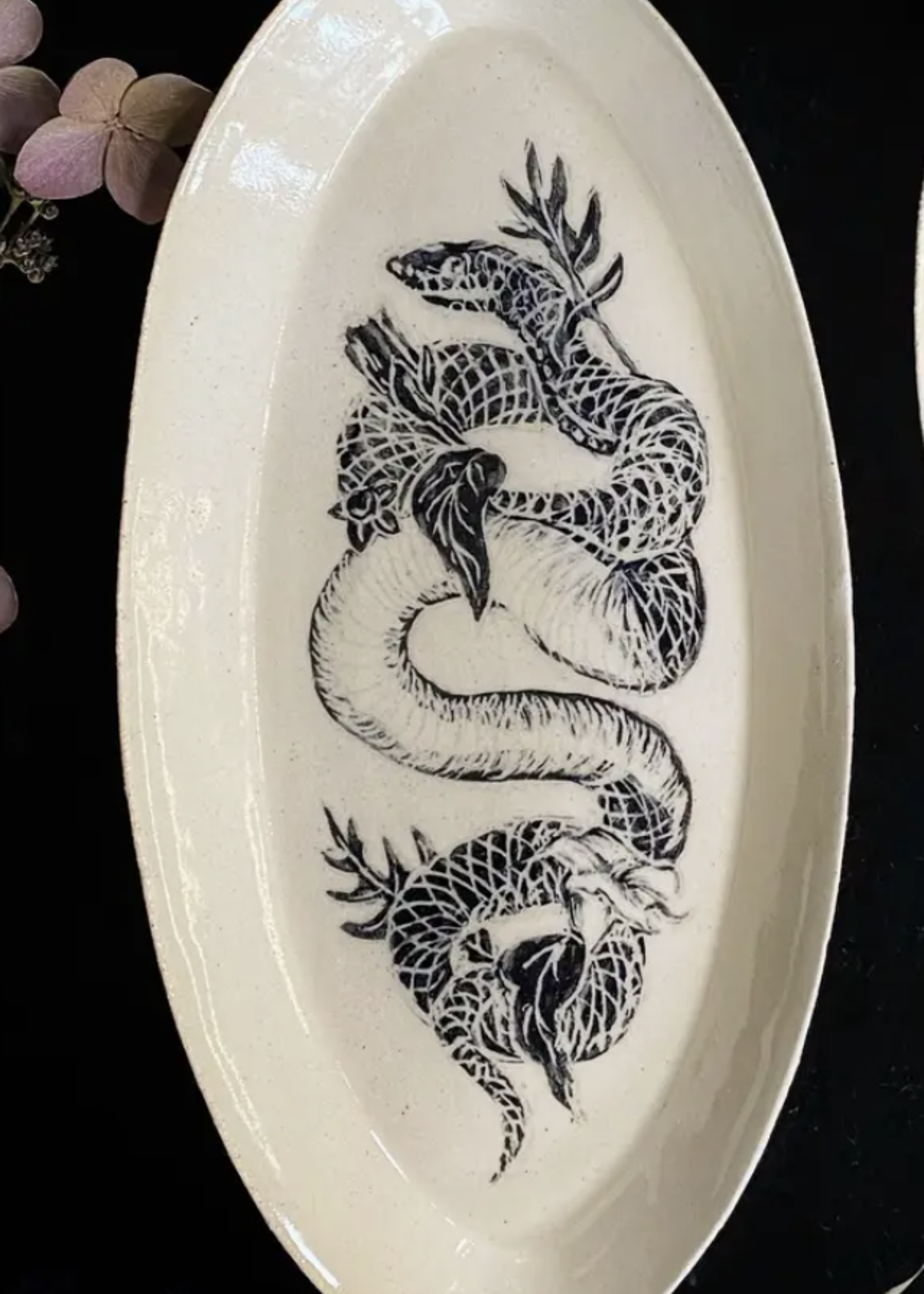 Keven Craft Ritual Black Sgraffito Snake and Poison Plant Ceramic Offering Plates