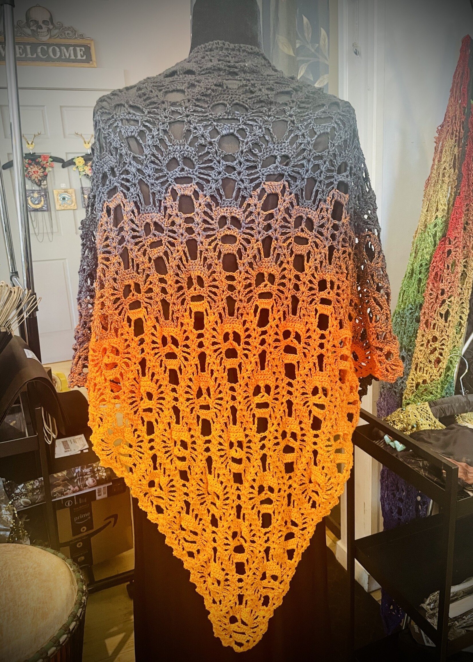 Cherry Girl Crafts Orange and Black Crocheted Skull Shawl