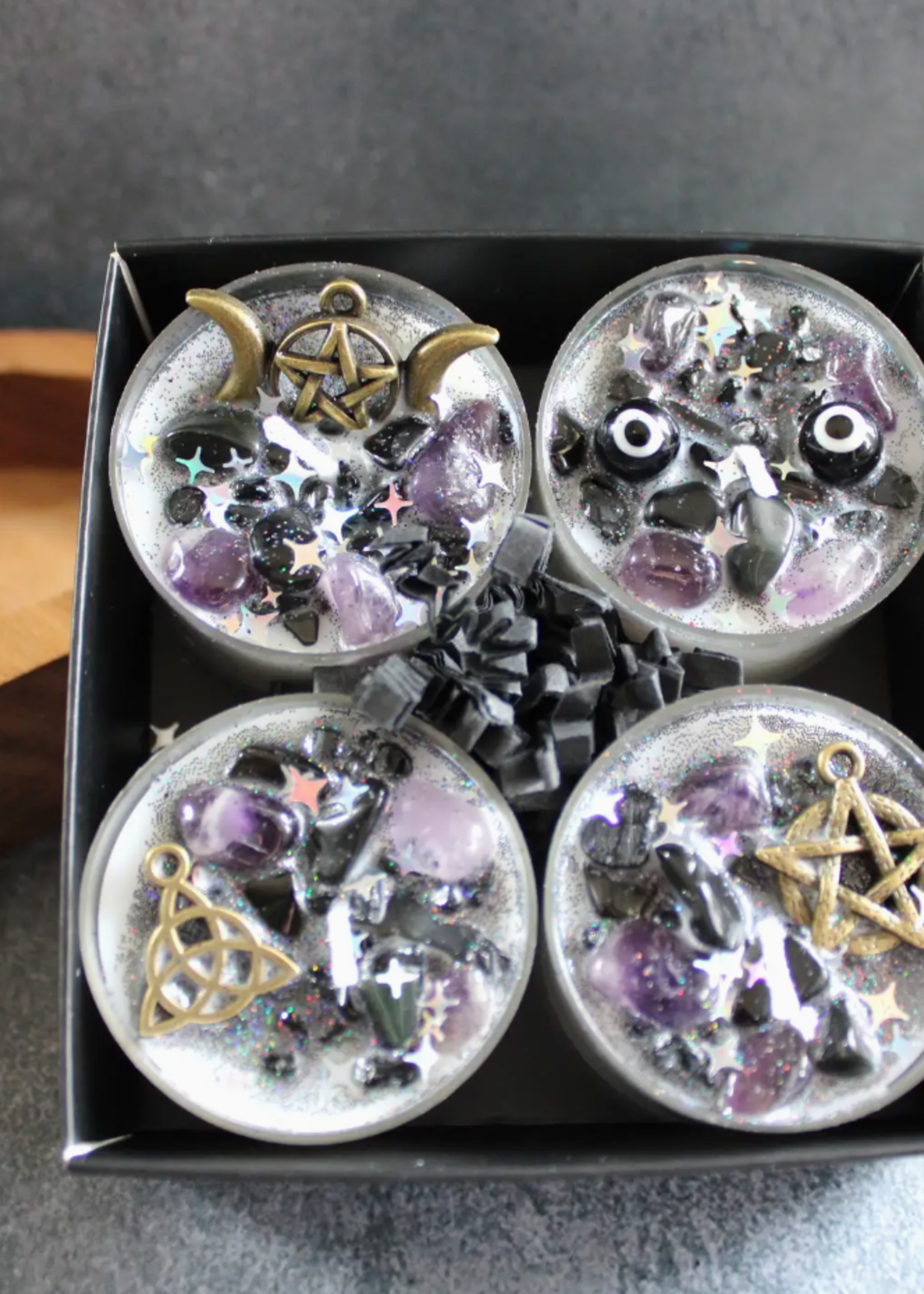 Moondust and Raven Protection Tealight Crystal Candles, Ritual Candles