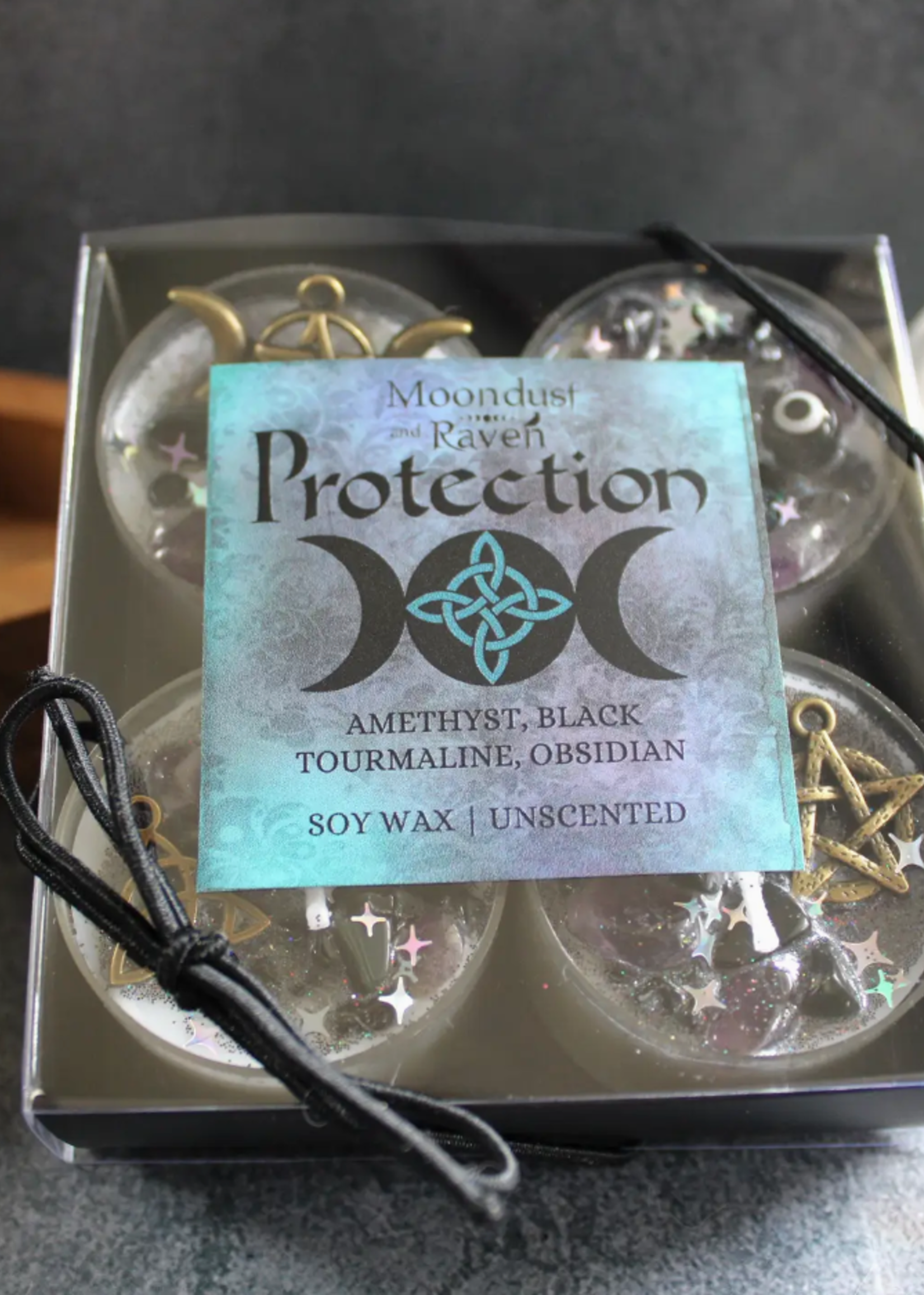 Moondust and Raven Protection Tealight Crystal Candles, Ritual Candles