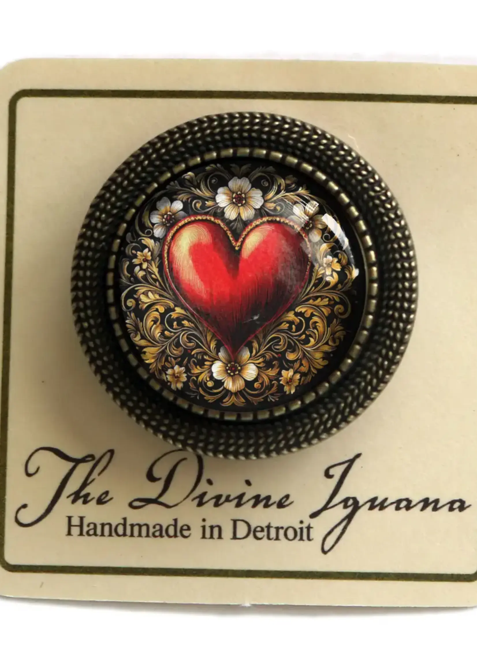 Ornate Heart Bronze and Glass Valentine's Day Brooch