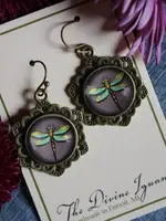 The Divine Iguana Purple Dragonfly Glass Dangle Earrings with Ornate Bezel