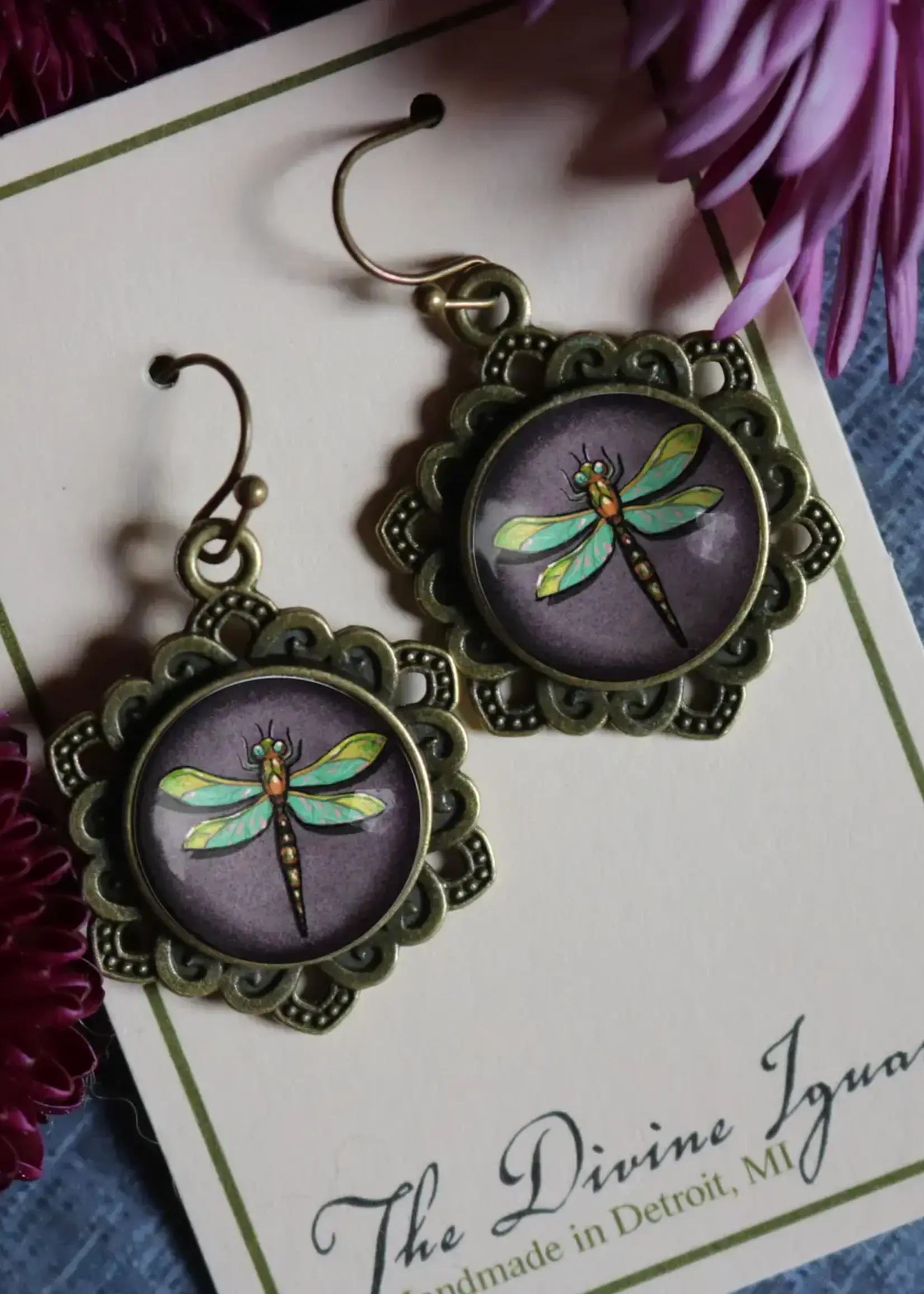The Divine Iguana Purple Dragonfly Glass Dangle Earrings with Ornate Bezel