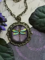 The Divine Iguana Purple Dragonfly Glass Cabochon Pendant Necklace