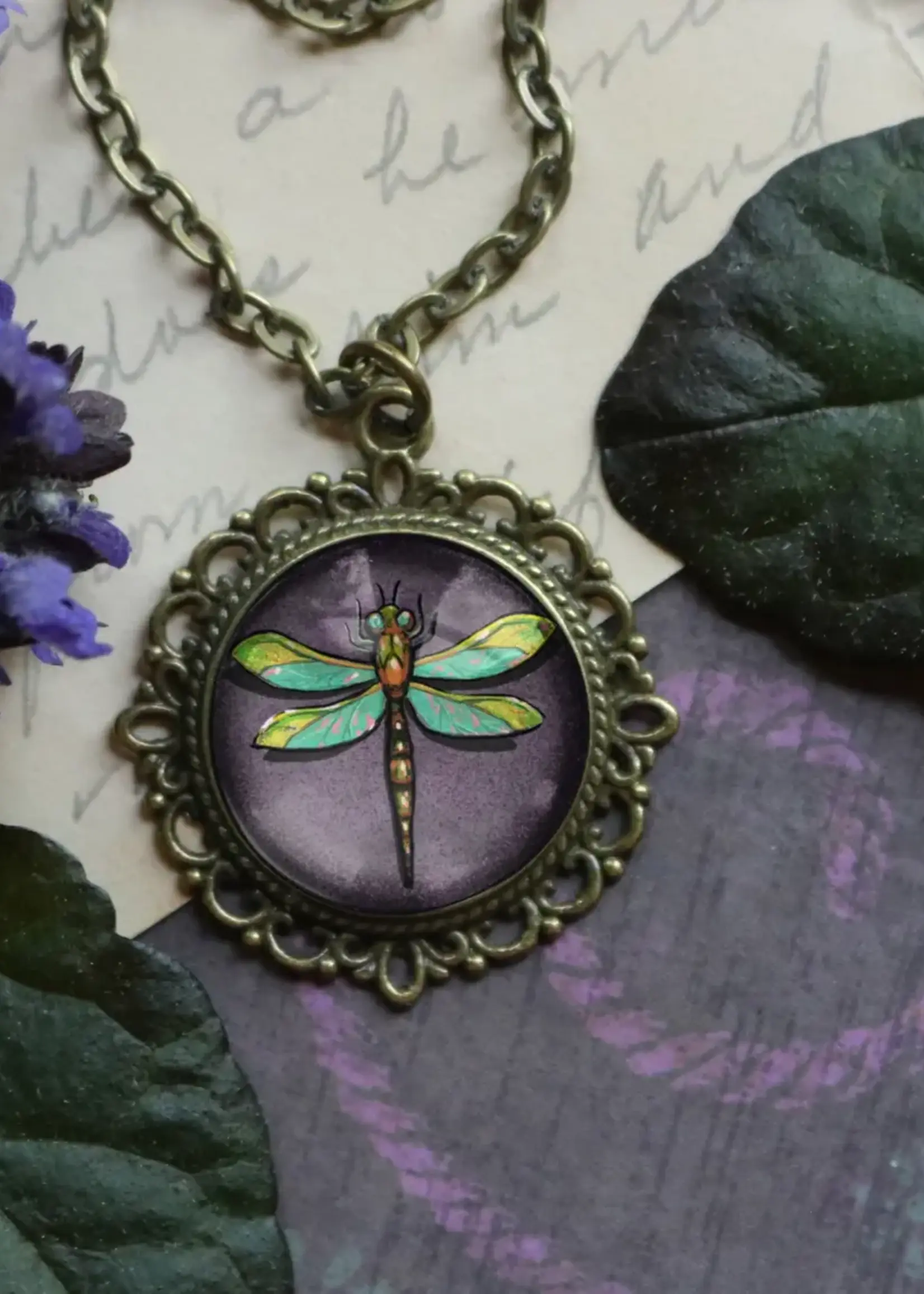 The Divine Iguana Purple Dragonfly Glass Cabochon Pendant Necklace