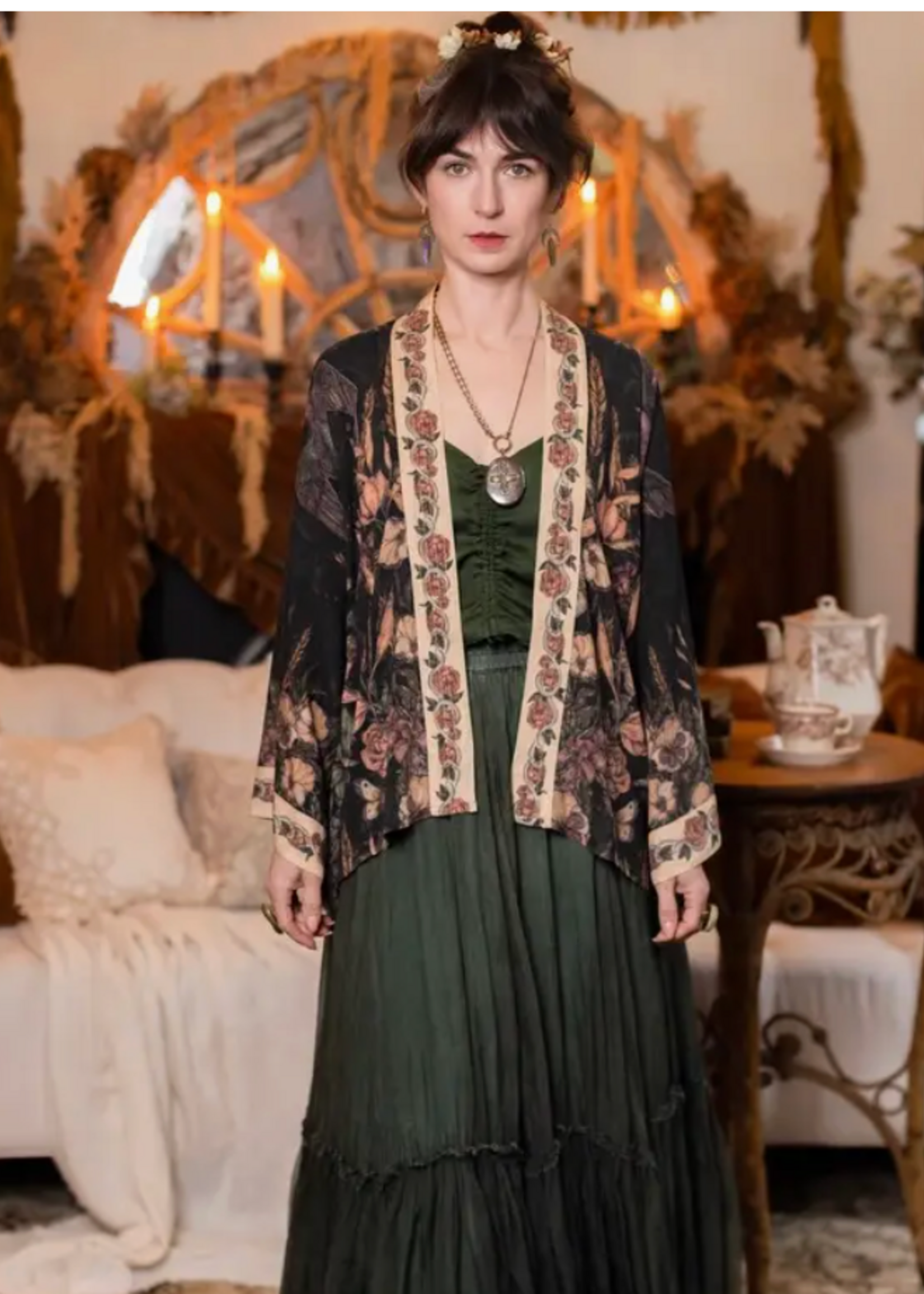 Market of Stars Market of Stars - Momento Pixie Duster Crop Kimono w/ Floral, Starling & Skull