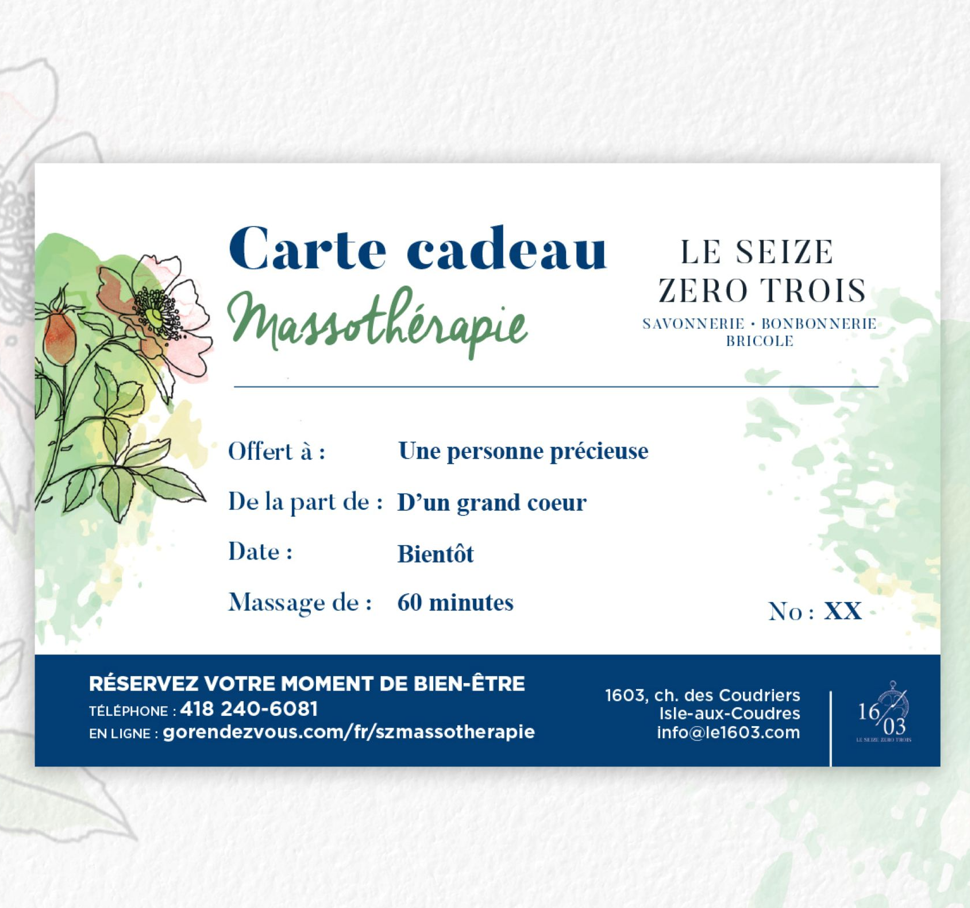 Le 1603 Copy of Certificat cadeaux- Massothérapie 90 minutes