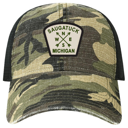 League Saugatuck in Camo Trucker Hat, Army Camo Ripstop, Black Mesh