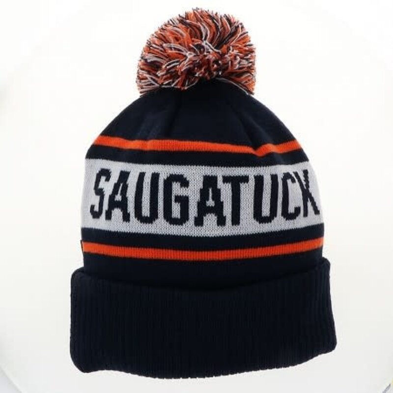 League League Saugtuck Knit Beanie w Pom Nav/Oran/Whit (F24)