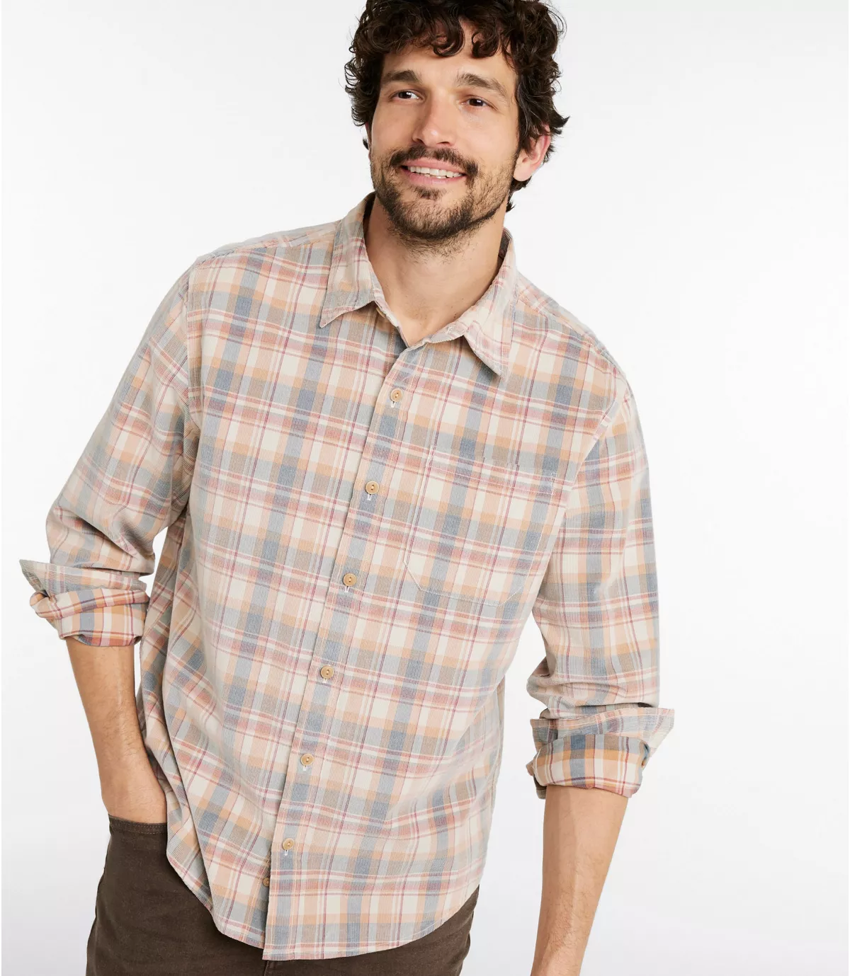 L.L. Bean M's Sunwashed Corduroy Shirt LS Slightly Fitted Plaid