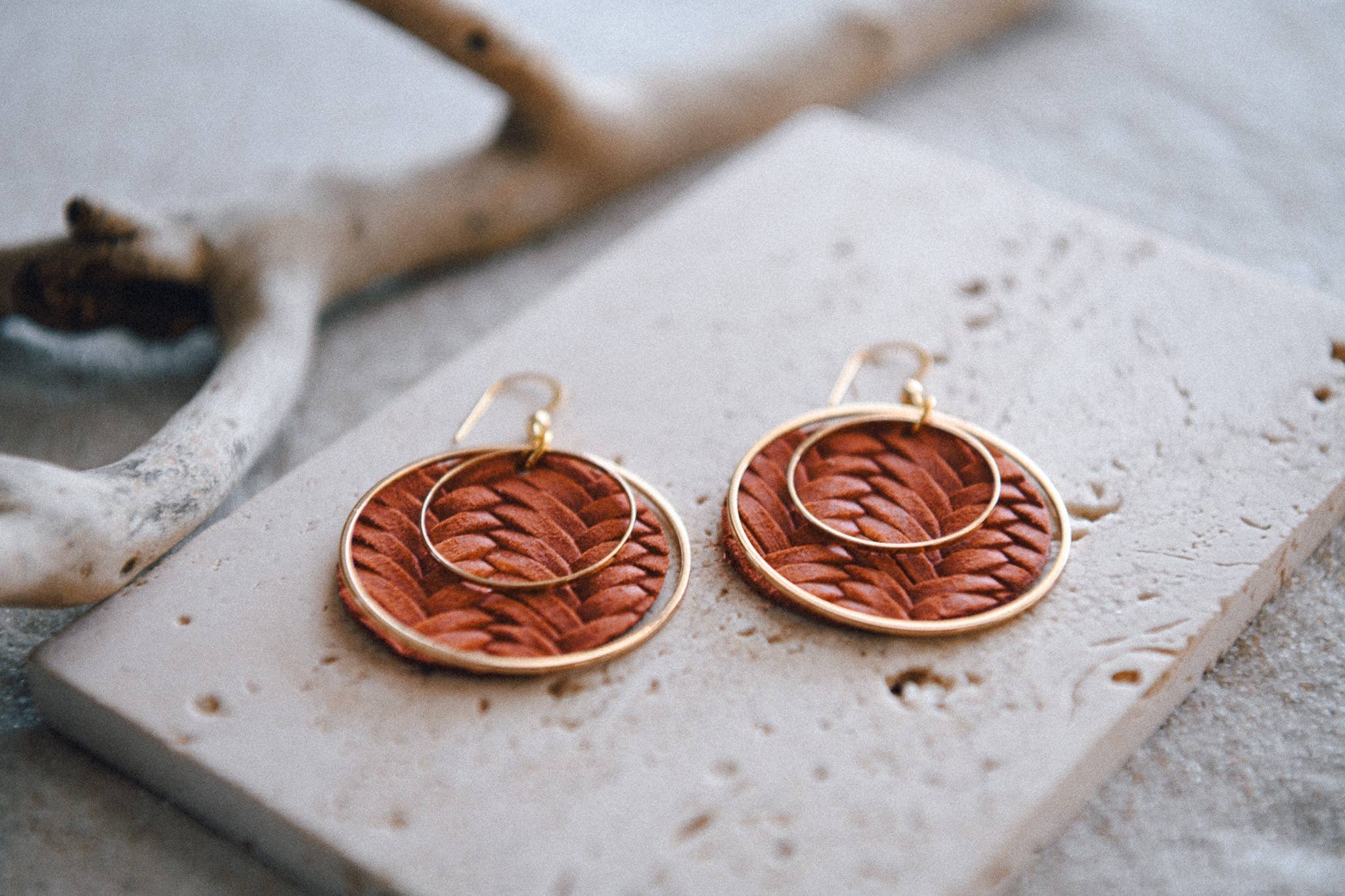 Cecelia Boho Chic Leather & Gold Hoop Earrings