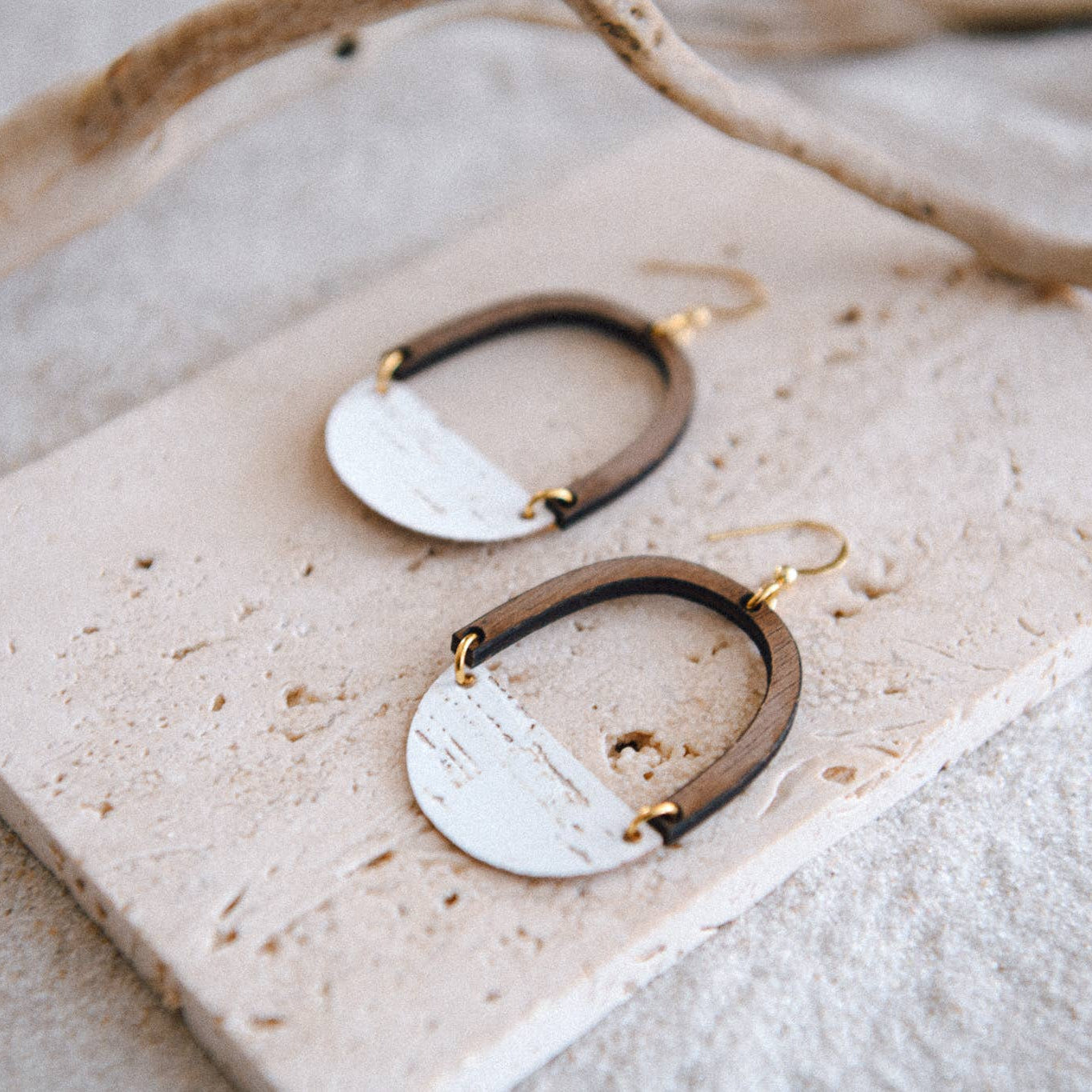 Cecelia Half Moon Wood & Leather Earrings