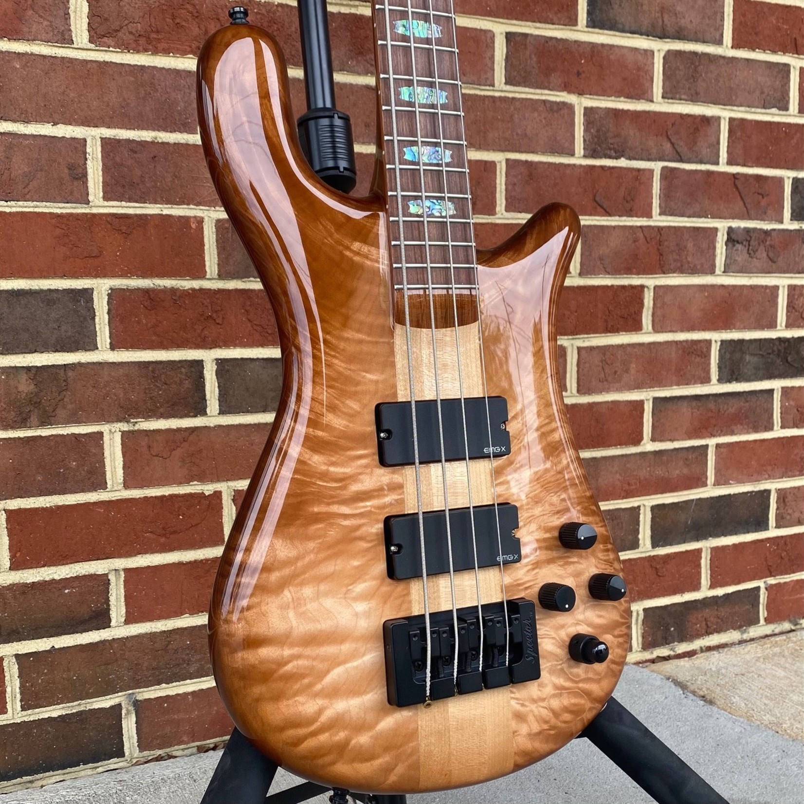 Spector Spector USA NS-4,  Curly Maple Top, Tobacco Sunburst, Weight Relieved Reclaimed Redwood Back, Maple Neck, Pau Ferro Fretboard, Abalone Inlays, Standard NS Neck, EMG 35DCX Pickups, Darkglass Tone Capsule, Hipshot Tuners