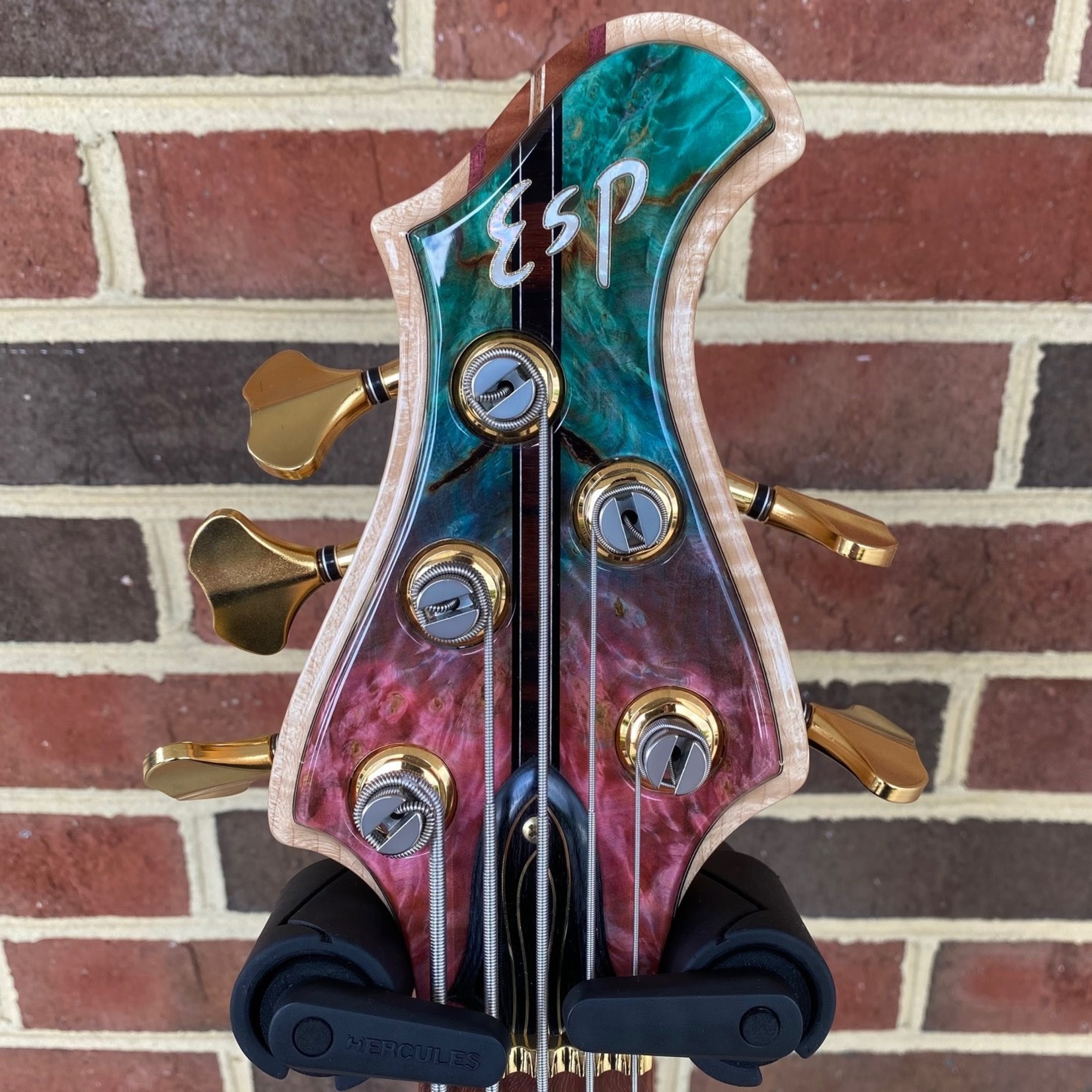 ESP ESP 2021 Exhibition Prototype Bass, 5-String, Single Cut, Stabilized Buckeye Burl w/ Blue + Pink Resin, Swamp Ash Body