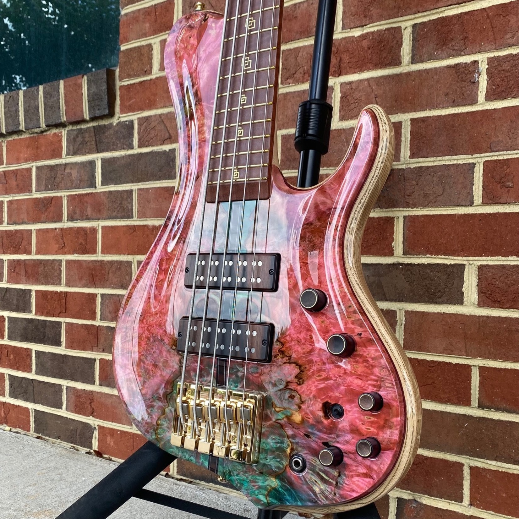 ESP ESP 2021 Exhibition Prototype Bass, 5-String, Single Cut, Stabilized Buckeye Burl w/ Blue + Pink Resin, Swamp Ash Body