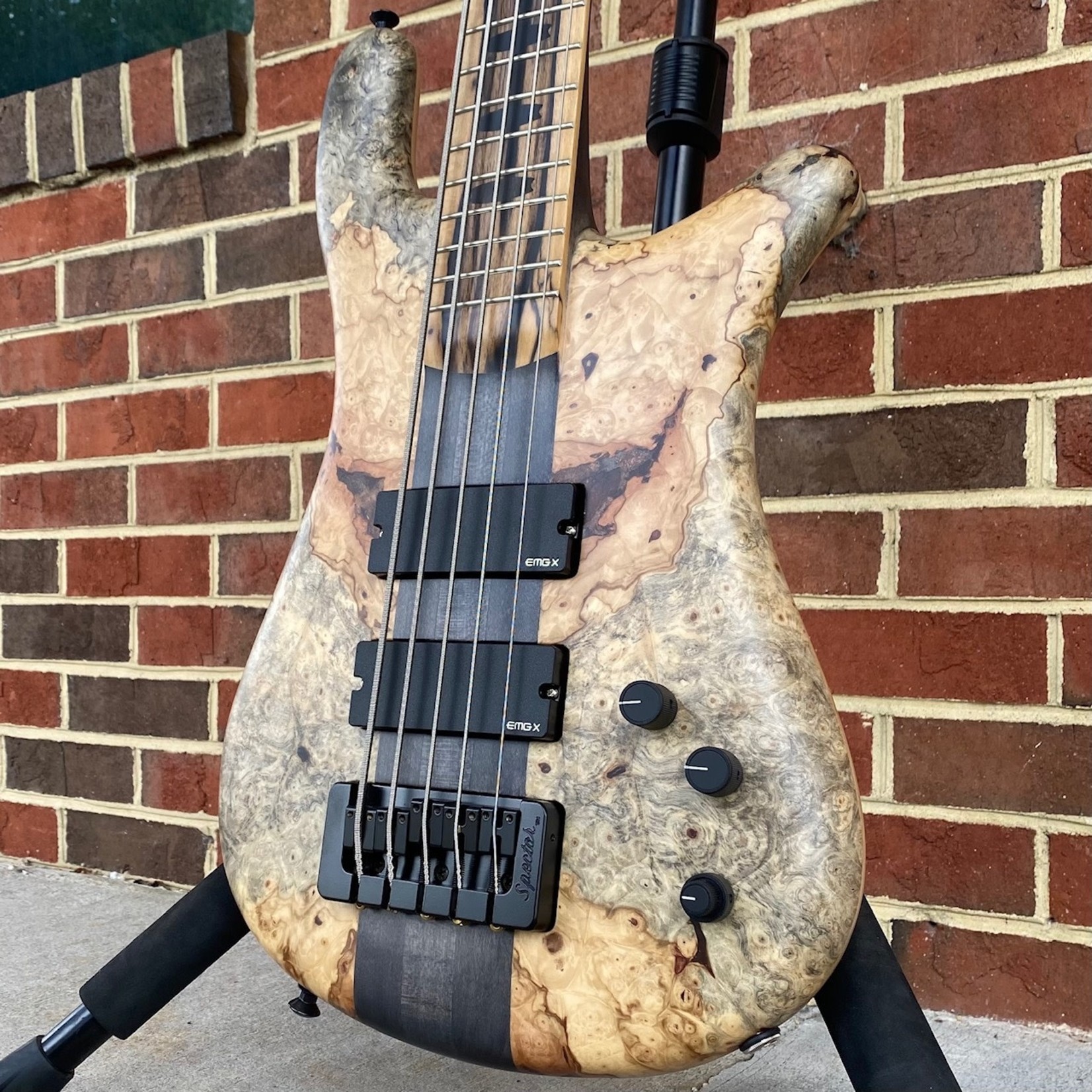 Spector Spector USA NS-5XL, Buckeye Burl Top, Chambered Swamp Ash Body, Pale Moon Ebony Fretboard, Ebony Inlays, Charcoal Stained Neck Block, Luminlay Side Dots, Matte Finish, TSA Case