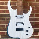 Skervesen Skervesen Velociraptor 7, Trans White Top, Trans Blue Back, White Pearloid Binding, Swamp Ash Body, Maple Neck, Pau Ferro Fretboard, Reverse Still Headstock, “Skerv” Pickups by Guitarmory, Hipshot Bridge & Locking Tuners, World Domination Mod