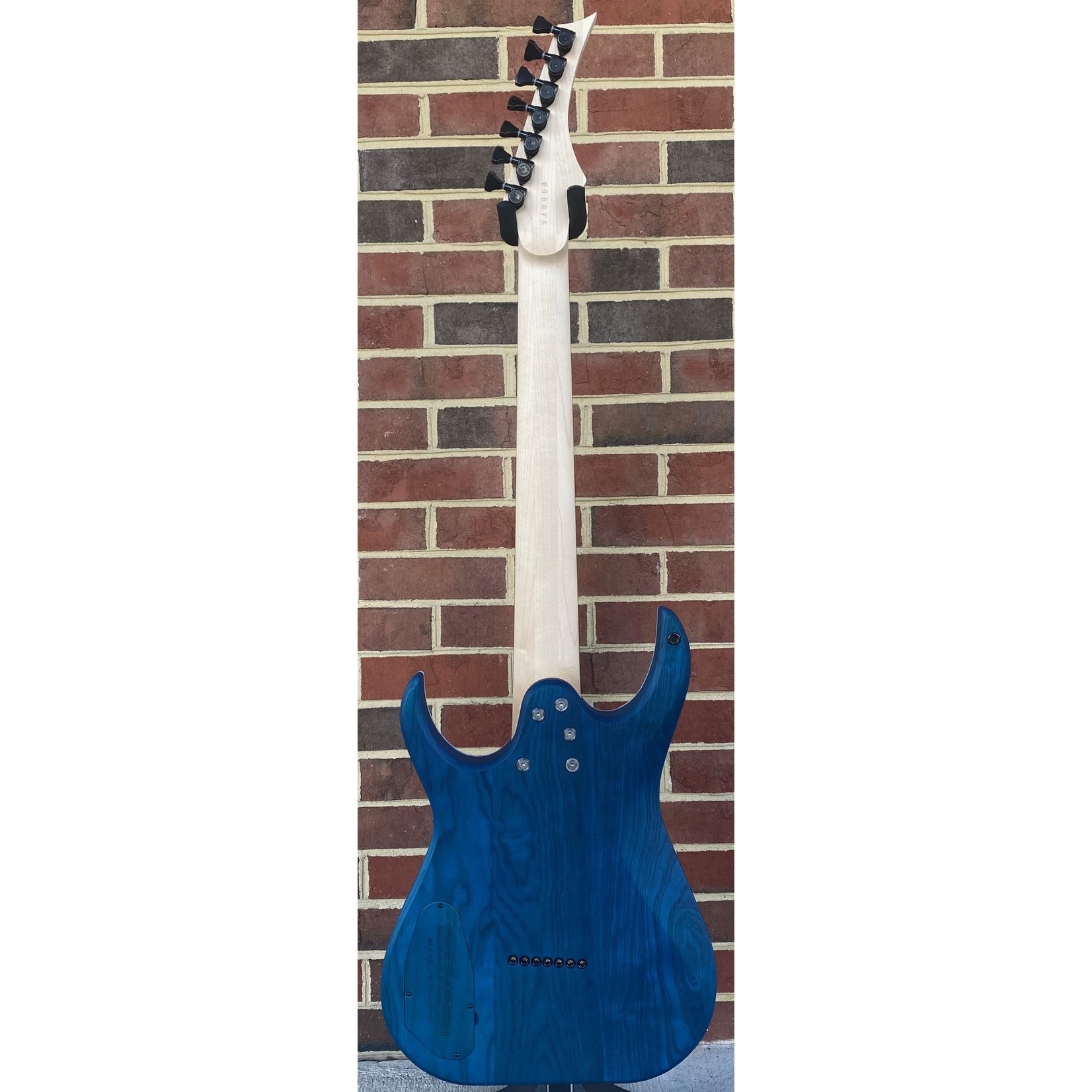 Skervesen Skervesen Velociraptor 7, Trans White Top, Trans Blue Back, White Pearloid Binding, Swamp Ash Body, Maple Neck, Pau Ferro Fretboard, Reverse Still Headstock, “Skerv” Pickups by Guitarmory, Hipshot Bridge & Locking Tuners, World Domination Mod