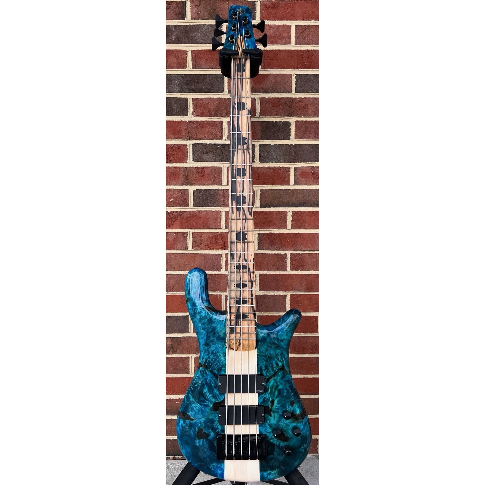 Spector Spector USA NS-5XL, Buckeye Burl Top, Peacock Blue, Reclaimed Redwood Body - Weight Relieved, Pale Moon Ebony Fretboard, Ebony Crown Inlays, Matching Headstock w/ Pale Moon Ebony Logo,  Pale Moon Ebony Truss Rod Cover, TSA Hardshell Case
